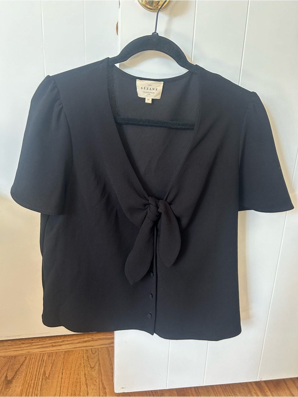 Sezane Black Tie-Front Short Sleeve Blouse